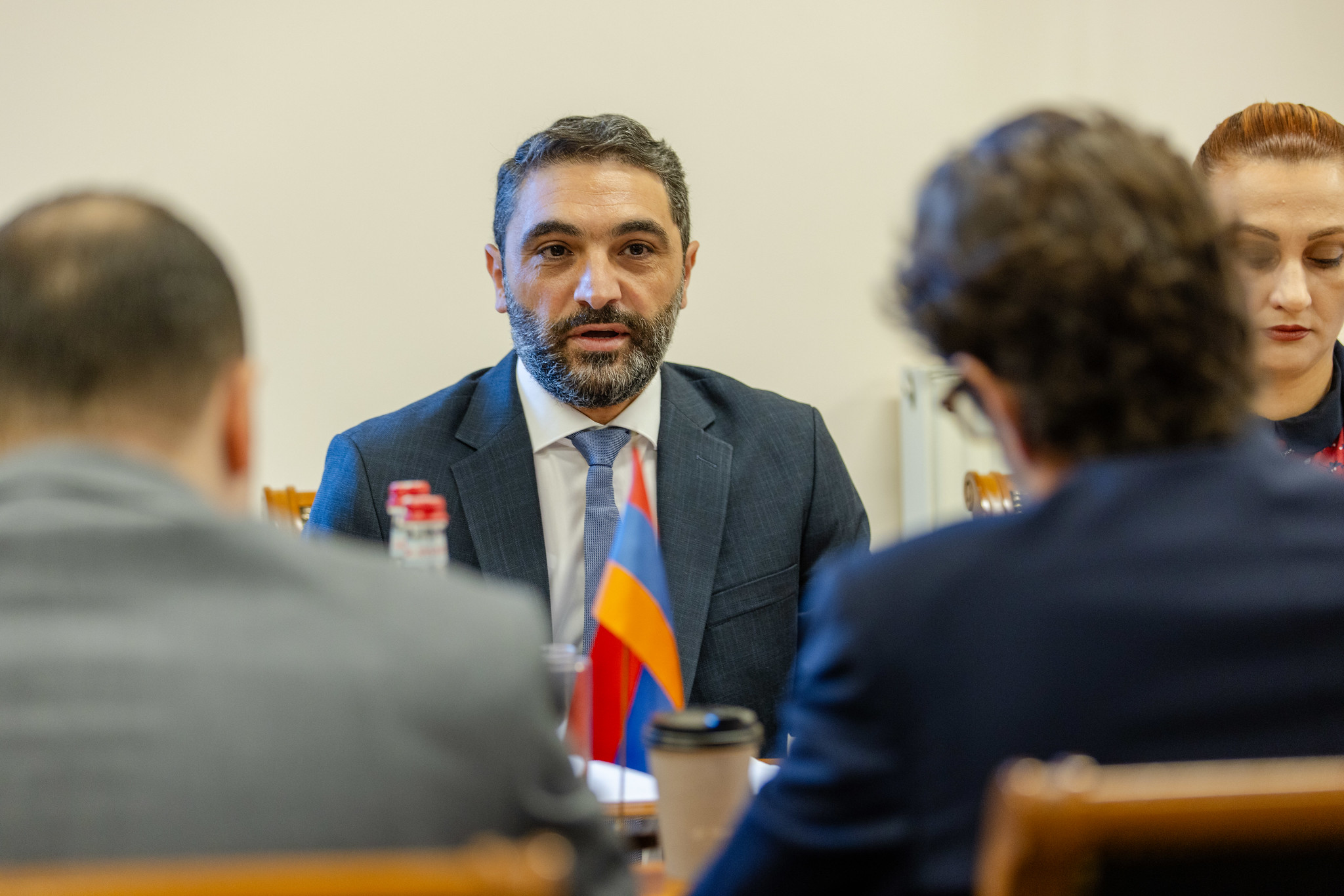 A man with a beard and wearing a suit speaks during a meeting at the NDC Partnership Mission to Armenia. He is seated at a table with other individuals, and the Armenian flag is visible in the background. The scene appears to be part of a formal discussion or negotiation. The individuals at the table are engaged in conversation, with drinks and documents in front of them.